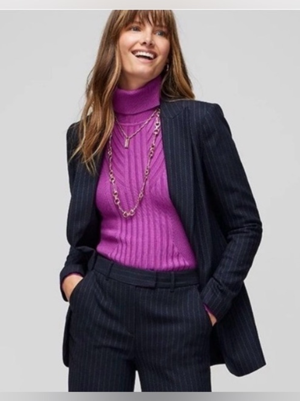 NWT White House Black Market Soft Navy Pink Pinstripe Relaxed Blazigan Size 2